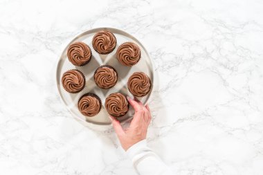 Düz yatıyordu. Taze pişmiş kekler ustaca zengin karamel ile dolduruldu ve kadife çikolatalı şekerlemeyle süslendi. Hepsi de el değmemiş beyaz servis tabağında zarif bir şekilde sunuldu..