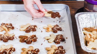 Çikolataya batırılmış ve çeşitli malzemeler serpiştirilmiş yıldız şeklinde tatil kurabiyeleri..