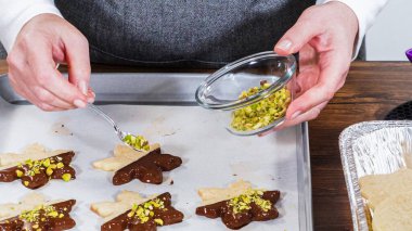 Çikolataya batırılmış ve çeşitli malzemeler serpiştirilmiş yıldız şeklinde tatil kurabiyeleri..