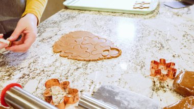 Çeşitli şenlikli kurabiye kesicilerle mermer tezgahtaki rulo hamurdan sevimli zencefilli kurabiyeler kesip modern mutfağa bayram neşesi getiriyorduk..