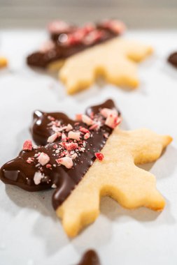 Yıldız şeklinde kurabiyeler hazırlıyorum, çikolataya yarı daldırılmış, bayram için naneli çikolata parçacıkları ile aksanlı..