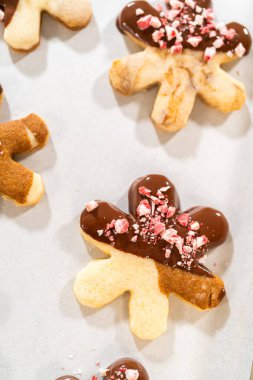 Yıldız şeklinde kurabiyeler hazırlıyorum, çikolataya yarı daldırılmış, bayram için naneli çikolata parçacıkları ile aksanlı..