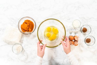 Düz yatıyordu. Sıcak bir mutfakta, büyük bir karıştırma kabı malzemelerin ustalıkla harmanlanması için sahne olur, kek karışımından nefis bir ev yapımı balkabağı pastası hazırlamak için sahne hazırlar.