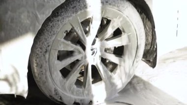 Denver, Colorado, ABD-1 Eylül 2023-Tesla Model 3, sonbahar yeşilliklerinin arka planına karşı bir konut yolunda titizlikle yıkanır..