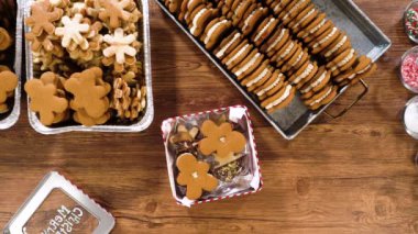 Düz yatıyordu. Sevimli ev yapımı zencefilli kurabiye ve şekerli kurabiye, bol çikolataya batırılmış, dekoratif Noel kutusuna yerleştirilmiş mevsimlik hediyeler için mükemmel..