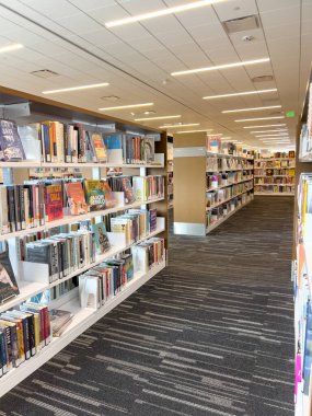 Castle Rock, Colorado, ABD-11 Ekim 2024-A ferah kütüphanesi düzenli olarak düzenlenmiş kitaplıklar ve belirlenmiş bir okuma alanı. Kütüphane, aydınlık ve sessiz bir modern tasarıma sahiptir.