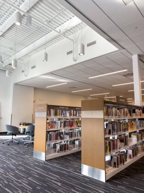 Castle Rock, Colorado, ABD-11 Ekim 2024-A ferah kütüphanesi düzenli olarak düzenlenmiş kitaplıklar ve belirlenmiş bir okuma alanı. Kütüphane, aydınlık ve sessiz bir modern tasarıma sahiptir.