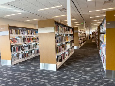 Castle Rock, Colorado, ABD-11 Ekim 2024-A ferah kütüphanesi düzenli olarak düzenlenmiş kitaplıklar ve belirlenmiş bir okuma alanı. Kütüphane, aydınlık ve sessiz bir modern tasarıma sahiptir.