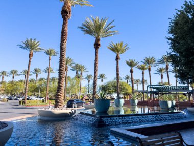 Las Vegas, Nevada, ABD-Kasım 09, 2024 Red Rock Resort 'ta zarif bir açık hava alanı. Uzun, görkemli palmiye ağaçları ve huzur verici bir yansıtıcı havuzu var. Kristal berrak su palmiyeyi yakalar.