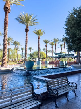 Las Vegas, Nevada, ABD-Kasım 09, 2024 Red Rock Resort 'ta zarif bir açık hava alanı. Uzun, görkemli palmiye ağaçları ve huzur verici bir yansıtıcı havuzu var. Kristal berrak su palmiyeyi yakalar.