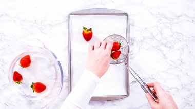 Düz yatıyordu. Sulu kırmızı çilekler, daha yeni yıkanmış, kabartma çarşafına serilmiştir, aşırı nemi emmek ve küfü önlemek için dikkatlice kağıt havlularla kaplanmıştır..