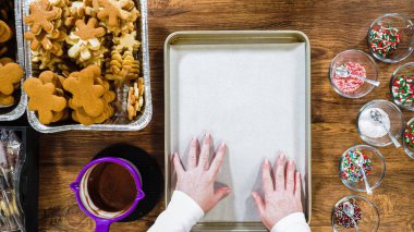 Düz yatıyordu. Çikolataya batırılmış ve farklı malzemelerle süslenmiş kar tanesi şeklindeki kesme şekerli kurabiyeler yaratmak..