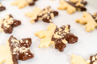 Çikolataya kısmen batırılmış ve fındık parçalarıyla kaplanmış, parşömen kağıdına yerleştirilmiş kesme şekerli kurabiyeler yaratmak..