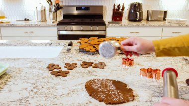 Mutfak tezgahına zencefilli kurabiye hamuru atmak için ayarlanabilir bir oklavayla bayram pişirmeye hazırlanmak..
