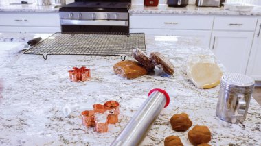 Çeşitli şenlikli kurabiye kesicilerle mermer tezgahtaki rulo hamurdan sevimli zencefilli kurabiyeler kesip modern mutfağa bayram neşesi getiriyorduk..