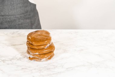 Eye-level view of hands holding multiple wrapped discs of Classic Gingerbread Cookie Dough, ready to be chilled for later use. The dough discs are stacked and wrapped in plastic, ensuring they stay clipart