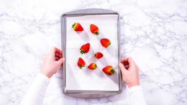 Düz yatıyordu. Sulu kırmızı çilekler, daha yeni yıkanmış, kabartma çarşafına serilmiştir, aşırı nemi emmek ve küfü önlemek için dikkatlice kağıt havlularla kaplanmıştır..