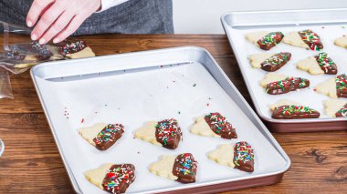 Dikkatlice paketlenmiş Noel kurabiyeleri, çikolataya batırılmış ve şeffaf selofan ambalajla sunulmuş, bayram hediyesi olarak mükemmel..