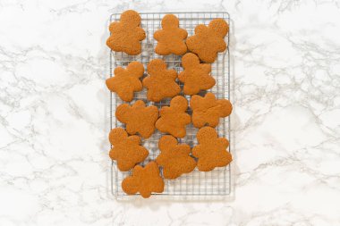 Zencefilli kurabiye şeklinde turuncu zencefilli kurabiye yığınının sıkıca kesilmiş görüntüsü. Perspektif mermer bir yüzey üzerindeki kurabiyelerin katmanını yakalar.