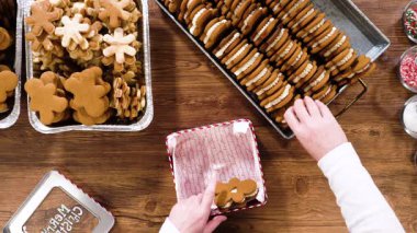 Düz yatıyordu. Sevimli ev yapımı zencefilli kurabiye ve şekerli kurabiye, bol çikolataya batırılmış, dekoratif Noel kutusuna yerleştirilmiş mevsimlik hediyeler için mükemmel..