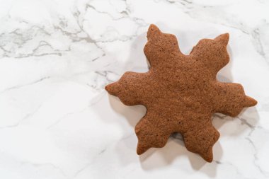 Mermer bir yüzeye yerleştirilmiş kar tanesi şeklinde tek bir çikolatalı zencefilli kurabiye manzarası gevrek kenarlarını ve derin çikolata rengini gözler önüne seriyor..