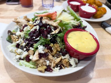 Beyaz tabakta servis edilen lezzetli taze bir salata içinde karışık yeşillikler ızgara tavuk dilimleri kurutulmuş yaban mersini mavi peynir parçaları ceviz ve yanında kremalı sos ve canlı malzemeler var.