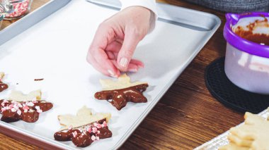 Çikolataya batırılmış ve çeşitli malzemeler serpiştirilmiş yıldız şeklinde tatil kurabiyeleri..