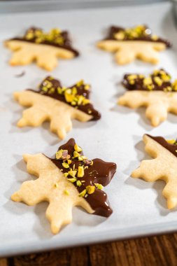 Çikolataya batırılmış yıldız şeklinde tatil kurabiyeleri ve ezilmiş şam fıstığı serpiştirmek. Parşömen kağıdına yerleştirilmiş..