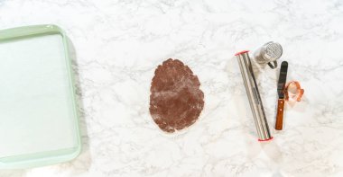 Soluk zencefilli ekmek hamurunun yukarıdan görünüşü un un kaplı mermer tezgahta dümdüz uzanmış, eldivenli şekilleri kesmeye hazır.