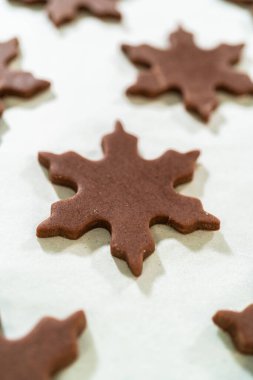 Çiğ çikolatalı, zencefilli, kar tanesi şekilli kurabiyelerin parşömen astarlı fırın tepsisine yerleştirilmiş, pişirmeye hazır..