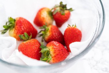 Taze yıkanmış ve kurutulmuş çilekler kağıt havluyla kaplı cam bir kasede dikkatlice düzenlenir. Atıştırmaya ya da daha fazla kullanılmaya hazır hale getirilir..