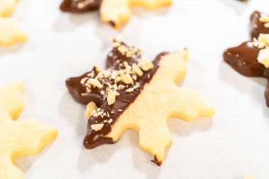 Çikolataya kısmen batırılmış ve fındık parçalarıyla kaplanmış, parşömen kağıdına yerleştirilmiş kesme şekerli kurabiyeler yaratmak..