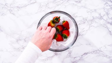 Düz yatıyordu. Çilekler, yeni yıkanmış ve kurutulmuş, cam bir kasede güzelce depolanmış kağıt havluyla kaplanmış ve tazeliği korumak için plastikle kaplanmış..