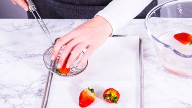 Sulu kırmızı çilekler, daha yeni yıkanmış, kabartma çarşafına serilmiştir, aşırı nemi emmek ve küfü önlemek için dikkatlice kağıt havlularla kaplanmıştır..