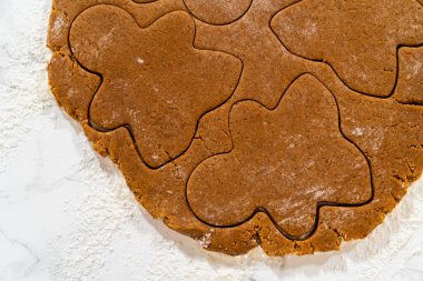 Bütün hamur örtüsü zencefilli kurabiye kız şekilleriyle dolu, fırın tepsisine aktarılmaya hazır. Yukarıdan aşağıya doğru bir perspektiften çekildi.