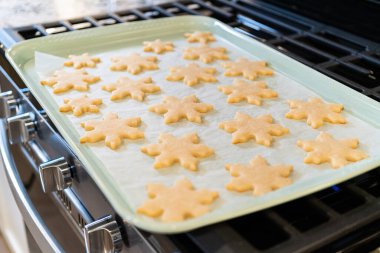 Lezzetli kar tanesi şeklindeki kurabiyeleri pişirdikten sonra soğutarak onları Noel hediyelerine hazırlamak..
