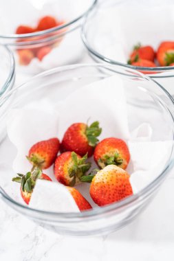 Taze yıkanmış ve kurutulmuş çilekler kağıt havluyla kaplı cam bir kasede dikkatlice düzenlenir. Atıştırmaya ya da daha fazla kullanılmaya hazır hale getirilir..