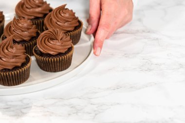 Taze pişmiş kekler ustaca zengin karamel ile dolduruldu ve kadife çikolatalı şekerlemeyle süslendi. Hepsi de el değmemiş beyaz servis tabağında zarif bir şekilde sunuldu..