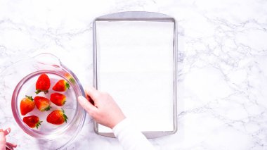 Düz yatıyordu. Sulu kırmızı çilekler, daha yeni yıkanmış, kabartma çarşafına serilmiştir, aşırı nemi emmek ve küfü önlemek için dikkatlice kağıt havlularla kaplanmıştır..