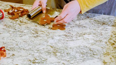 Çeşitli şenlikli kurabiye kesicilerle mermer tezgahtaki rulo hamurdan sevimli zencefilli kurabiyeler kesip modern mutfağa bayram neşesi getiriyorduk..