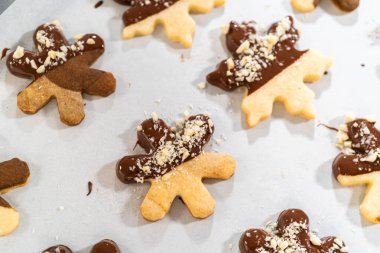 Çikolataya kısmen batırılmış ve fındık parçalarıyla kaplanmış, parşömen kağıdına yerleştirilmiş kesme şekerli kurabiyeler yaratmak..