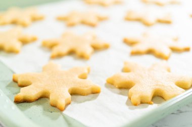Yeni pişmiş altın kar taneli kurabiyelerin geniş manzarası parşömen kaplamalı tepside serinlemeye hazır..