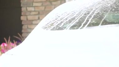 Denver, Colorado, ABD-Eylül 1, 2023-Genç bir kız bir basınç makinesini kavrıyor, güzel bir su sisini bir Tesla Model 3 'e püskürtüyor renkli bir sonbaharda kaplanmış renkli bir banliyö evinin yolu üzerinde.