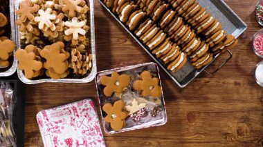 Düz yatıyordu. Sevimli ev yapımı zencefilli kurabiye ve şekerli kurabiye, bol çikolataya batırılmış, dekoratif Noel kutusuna yerleştirilmiş mevsimlik hediyeler için mükemmel..