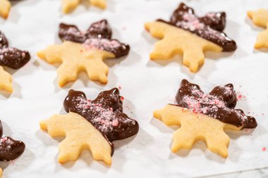 Parşömen kağıdında ezilmiş nane şekeriyle kaplı çikolata soslu kar tanesi şekerli kurabiyenin yakın çekimi..