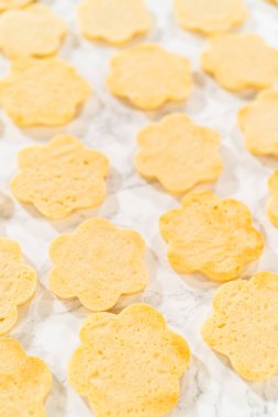 Kurulumdan önce şeker kurabiyelerinin kapaklarını zımparalama şekeri ile kapatıyoruz. Bu canlı renkler Paskalya Kurabiye Sandviçi 'ne ahududu kremalı neşeli bir neşe katıyor..