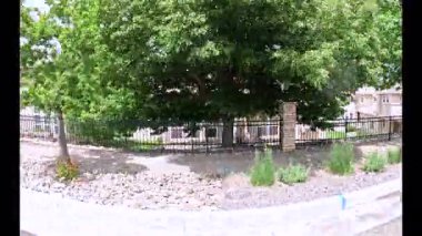 Parker, Colorado, ABD-30 Mayıs 2025 - Bu klip, banliyö kapılı bir arazinin önündeki taştan manzaralı büyük bir yeşil ağacı yakalıyor. Gökyüzü bulutlar ve yumuşak gölgelerle aydınlık.