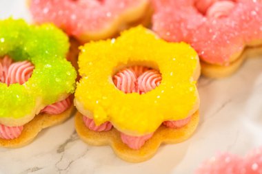 Parlak ve pastel Paskalya Kurabiyesi Sandviçleri pembe ahududu kreması ve şeker kristalleriyle süslenmiş, neşeli bir tatil düzeninde. Bloglar ya da bahar promosyonları için harika.