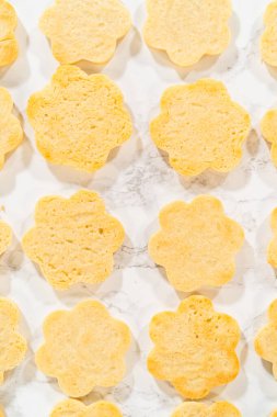 Sade çiçek şeklinde kurabiyeler montajdan önce mermer bir yüzey üzerinde düzenlenir. Bu kurabiyeler ahududu kremalı Paskalya Kurabiyesi Sandviçi için temel olarak kullanılır..