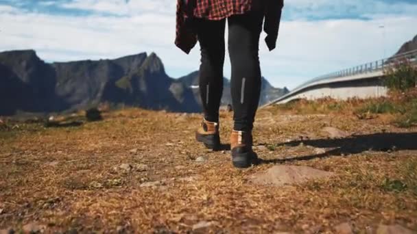 足の女性ハイカー旅行者女性歩く ハイキングだ トレッキングブーツの足 — ストック動画